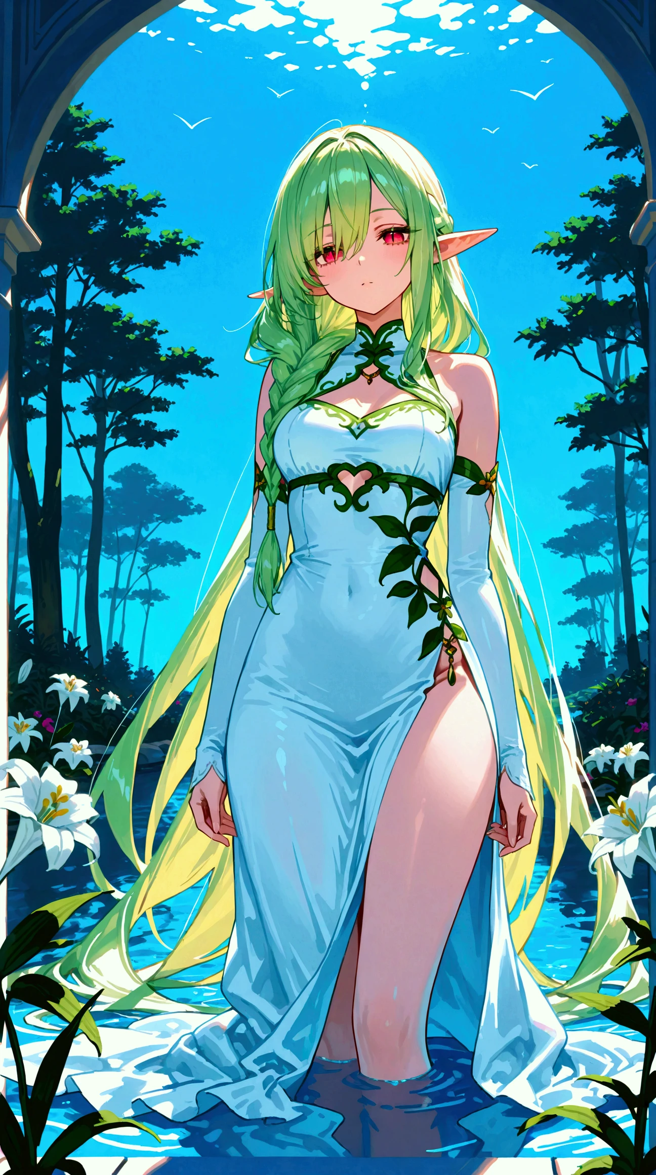 Naked woman covering her breasts and genitals with her hands。Flower Fairy。goddess。Green Hair,Long Hair。She is shy and has her face turned to the left, but her eyes are watching us.。blonde,Raised hair,Flower crown、Beautiful accessories。A full-body photo including the feet。Art Nouveau。Poster。