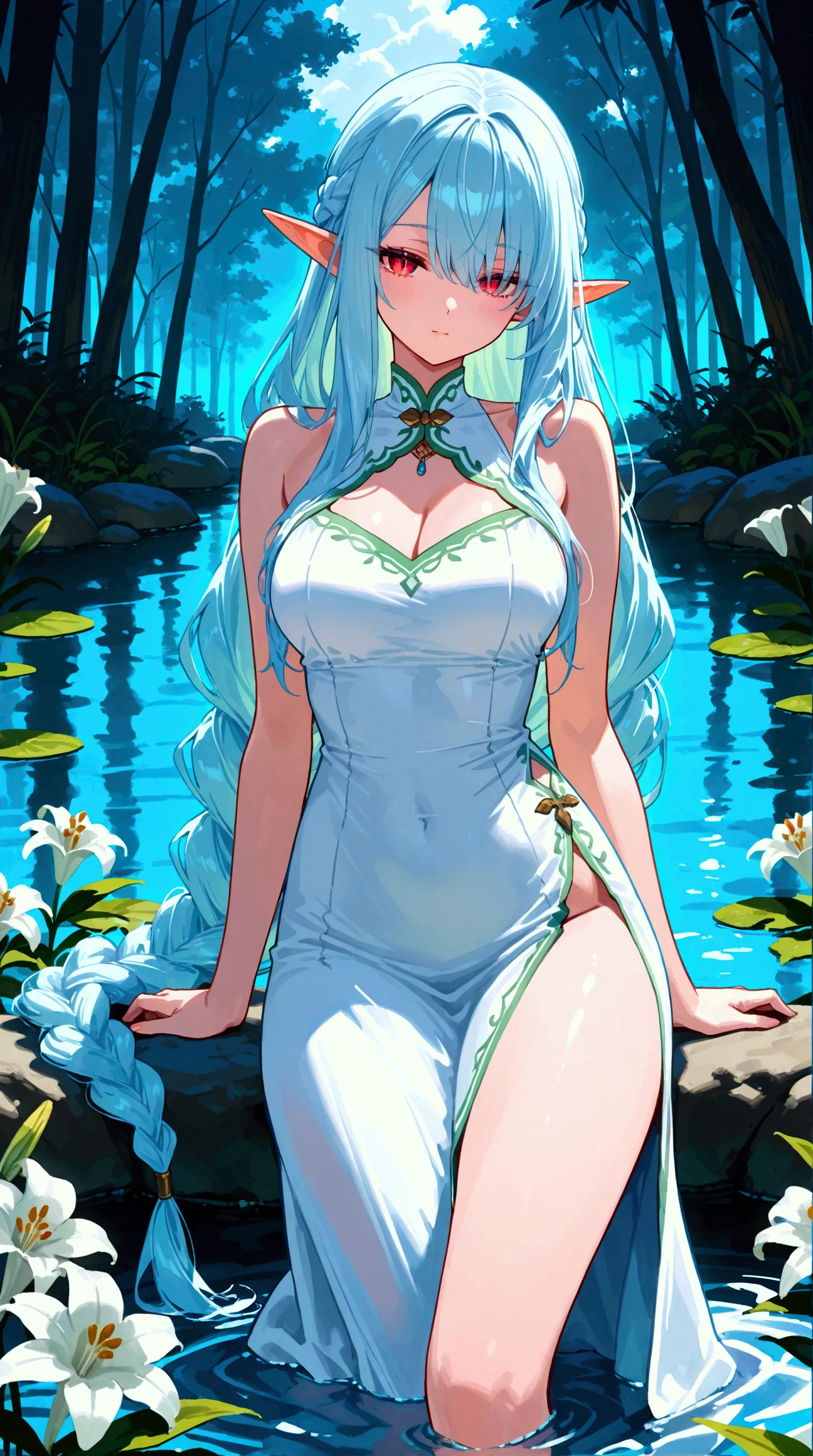 Woman, white hair, blue eyes, water lily