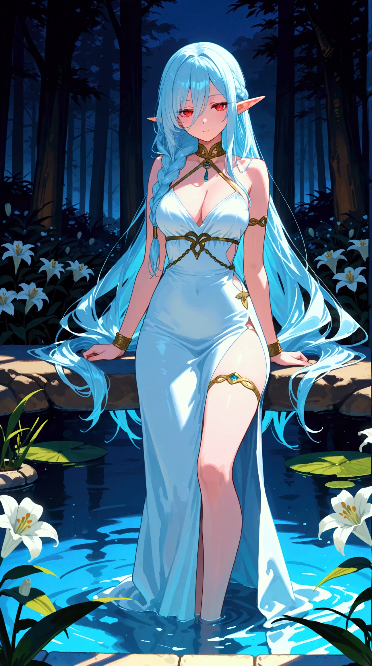 A beautiful water goddess, long flowing blue hair, blue piercing eyes, flawless pale skin, elegant flowing dress, standing in a tranquil lake surrounded by water lilies and lotus flowers, sunlight shining on the water, Ethereal and serene atmosphere, (best qualityer,8k,high resolution,work of art:1.2),ultra detali,(realisitic,photorealisitic,photo-realisitic:1.37),digitl art, cinematic lighting, swirly vibrant colors, dramatic composition, along with Sonic the Hedgehog