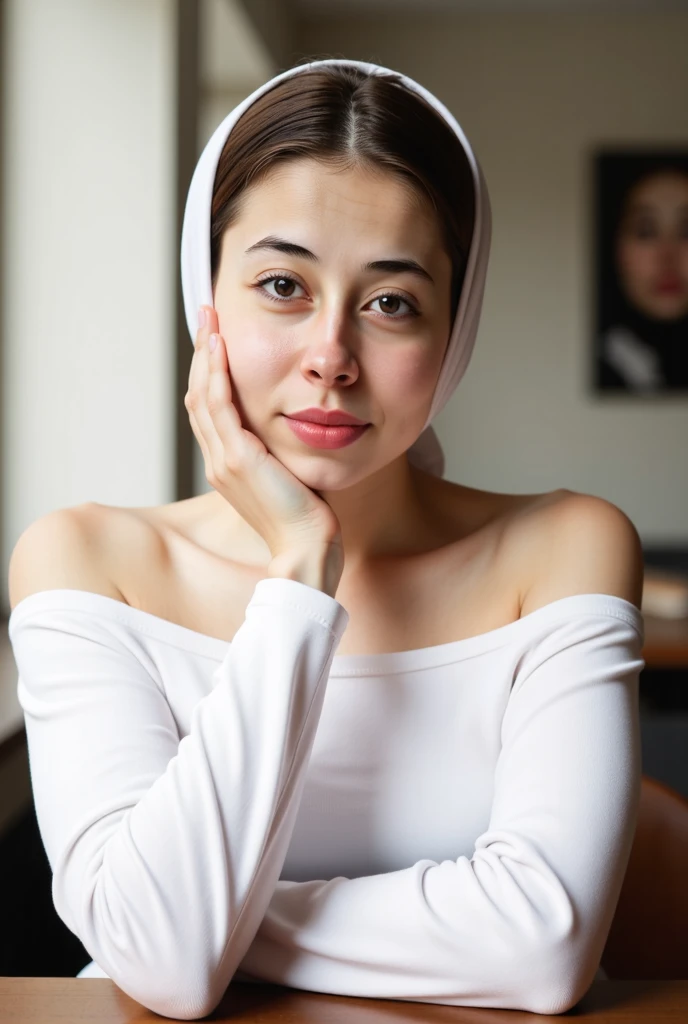 A young woman with blue eyes and dark brown hair in a loose updo, wearing an off-the-shoulder white top, sitting at a table, leaning forward, with one hand touching her chin, soft contemplative expression, dark blurred background
