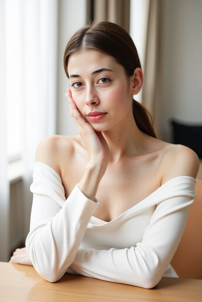 A young woman with blue eyes and dark brown hair in a loose updo, wearing an off-the-shoulder white top, sitting at a table, leaning forward, with one hand touching her chin, soft contemplative expression, dark blurred background
