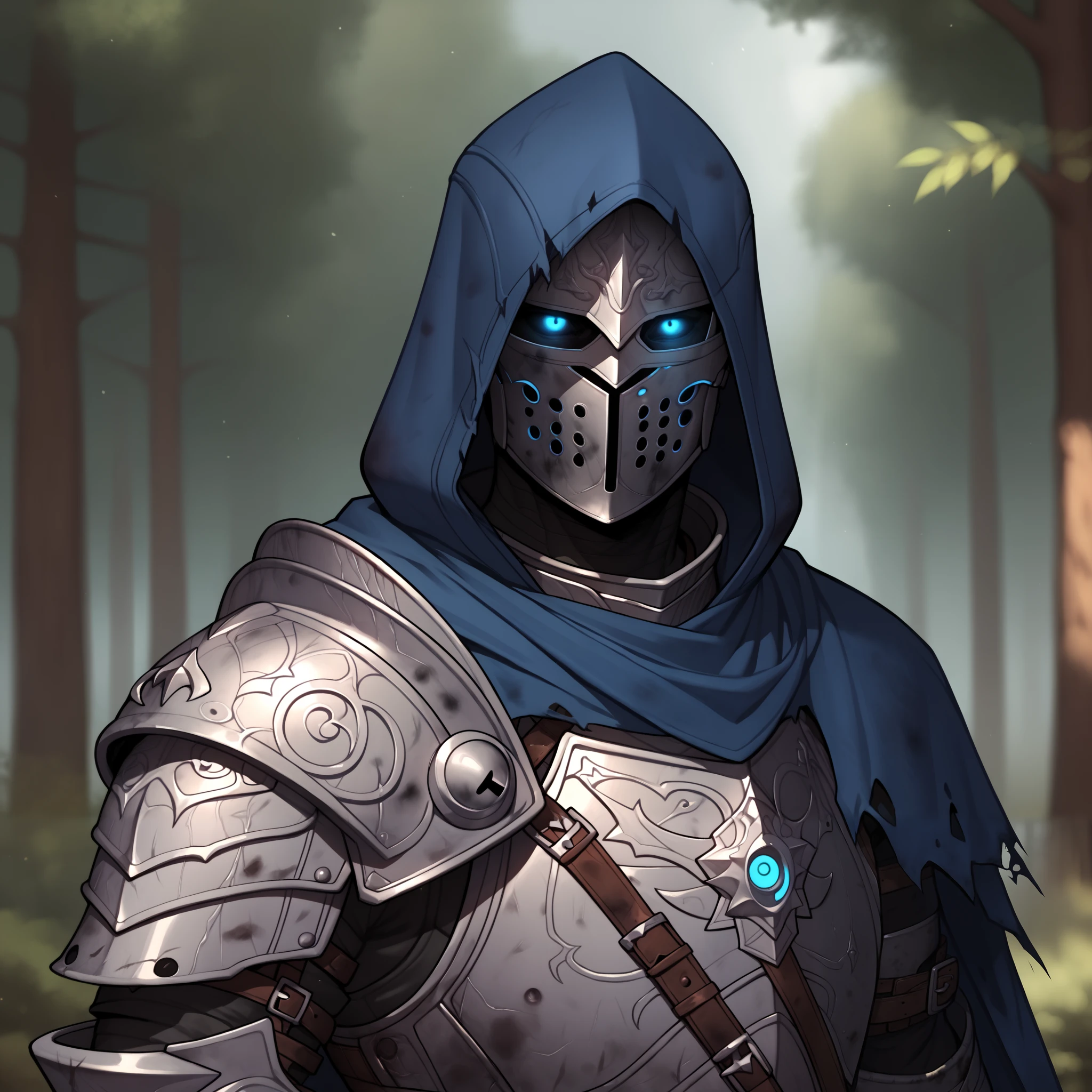 (((beautiful, high quality, comics style, detailed face))), score_9, score_8_up, score_7_up, BREAK, arm0rs3nt1n3l, templar, solo, looking at viewer, 1boy, blue glowing eyes, black sclera, holding, standing, upper body, belt, hood, cape, armor, torn clothes, helmet, hood up, pauldrons, sheathed, breastplate, knight, full armor, dirty, dusty, solo, portrait, upper body, portrait, forest background, fantasy, blurred background, Expressiveh, DeepNegative_xl_v1, detailxl, zPDXL3