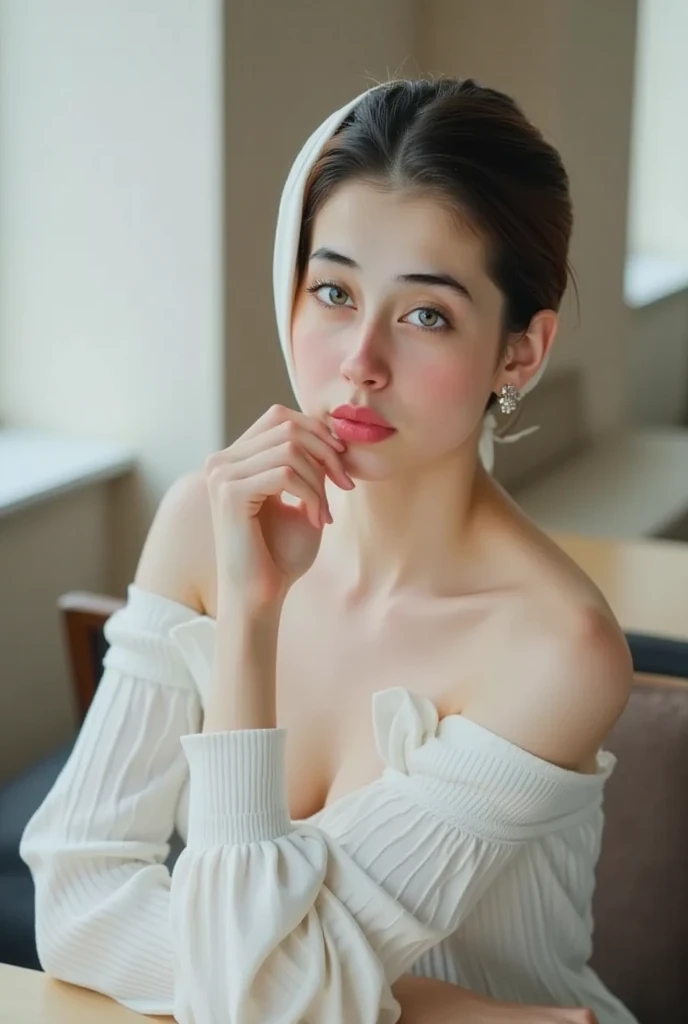 A young woman with blue eyes and dark brown hair in a loose updo, wearing an off-the-shoulder white top, sitting at a table, leaning forward, with one hand touching her chin, soft contemplative expression, dark blurred background
