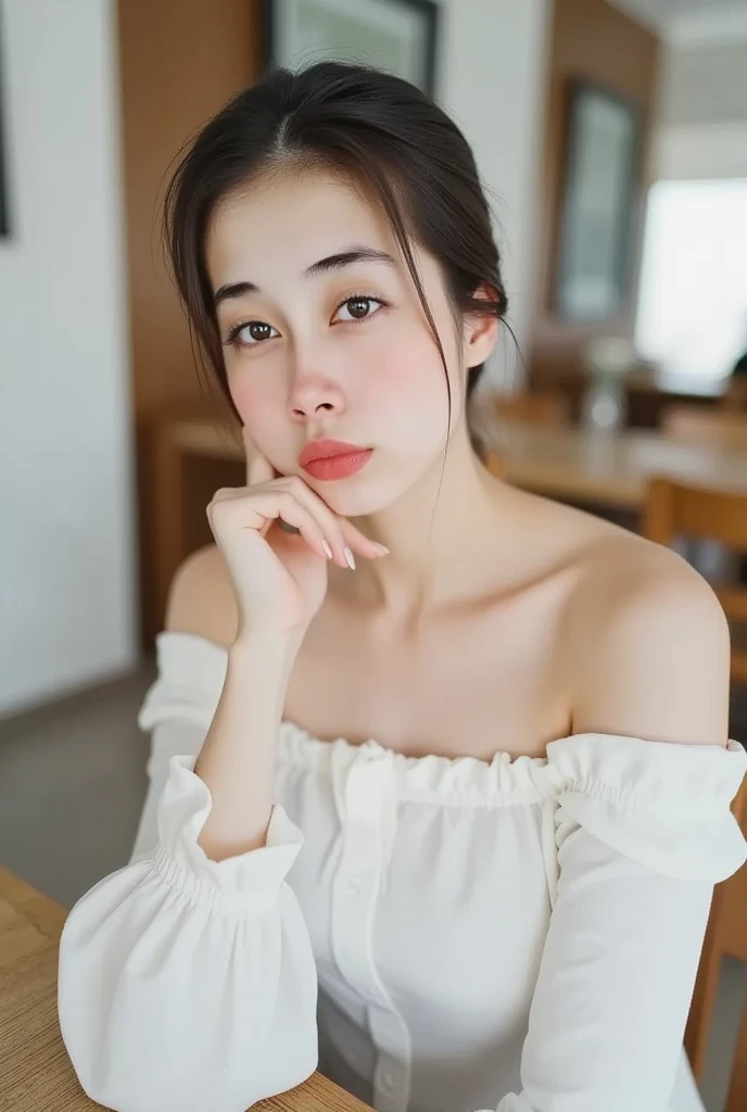 A young woman with blue eyes and dark brown hair in a loose updo, wearing an off-the-shoulder white top, sitting at a table, leaning forward, with one hand touching her chin, soft contemplative expression, dark blurred background
