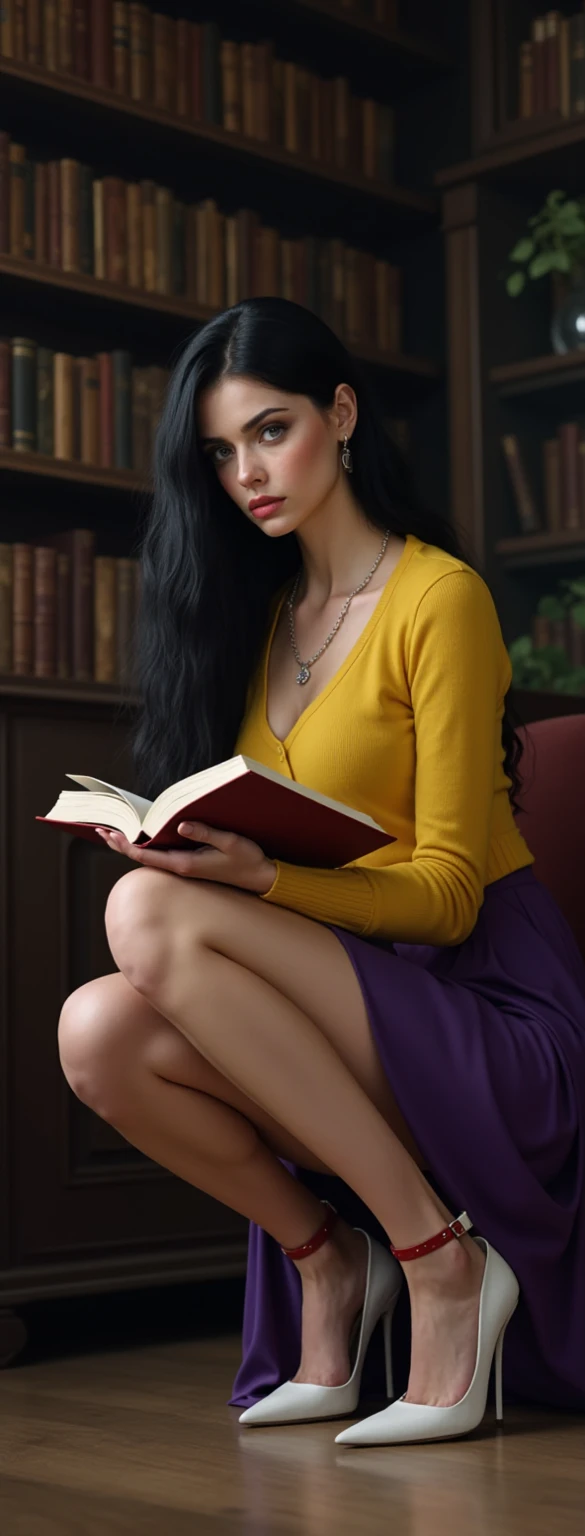 (Obra maestra, 16k,8k,4k ,Ultra detallado:1.1),(Cara hermosa:1.1),(1girl:1.1),high fashion portrait,(black hair),(long hair),(skinny),(long legs),(pale skin), ((yellow sweater)),(unbuttoned),(big breasts),(purple skirt), (white pointed high heel pumps),(fit body),(light makeup),(necklace),(((looking at viewer))),(crouching),(full body shot),(milf),(angry),(reading book),(front view),(sharp skin),(realistic) (perfect shadows),(small red anklet),(dark library),(firm legs)),(legs on your POV),(busty).