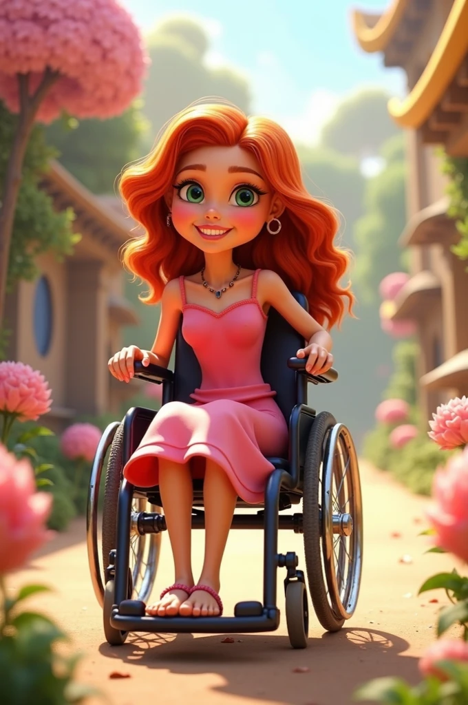 Create a cartoon of a young lady in a wheelchair with green eyes and ...