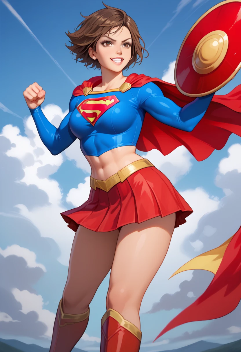 Asuka Kazama, known for her fierce fighting spirit and distinctive short brown hair, exudes a new level of confidence in the iconic Supergirl costume. The costume features a bold blue top with the striking red and yellow 'S' shield prominently displayed on her chest, symbolizing her strength and heroism. A vibrant red cape flows behind her, adding a dynamic flair to her already powerful presence. The ensemble is completed with a red skirt and matching knee-high red boots, which enhance her athletic and battle-ready look. Asuka's determined expression and strong stance are perfectly complemented by the Supergirl outfit, blending her martial prowess with the superheroine's charm and courage.,kazama asuka,short hair, brown eyes