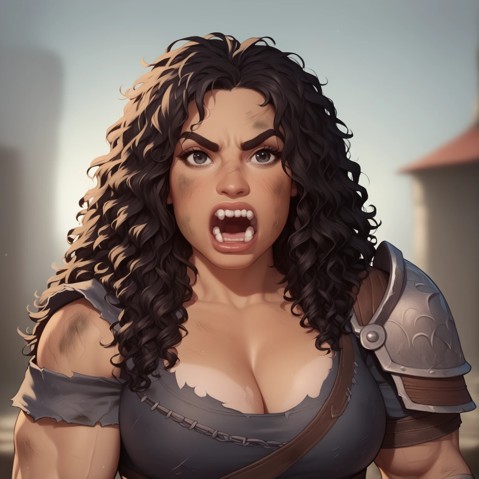 (((beautiful, high quality, comics style, detailed face))), score_9, score_8_up, score_7_up, BREAK, giant, a female barbarian:1.3, high stature, big nose:1.2, dark hair, curly hair, messy voluminous hair, (((massive muscular))), ((wide shoulder)), chubby, tanned skin, ((bushy eyebrows)), small black eyes, solo, portrait, upper body, portrait, facing viewer, Screaming, bearing teeth, angry, fury expression, ((barbarian clothes, dirty)), fantasy outside, blurred background, Expressiveh, DeepNegative_xl_v1, detailxl, zPDXL3