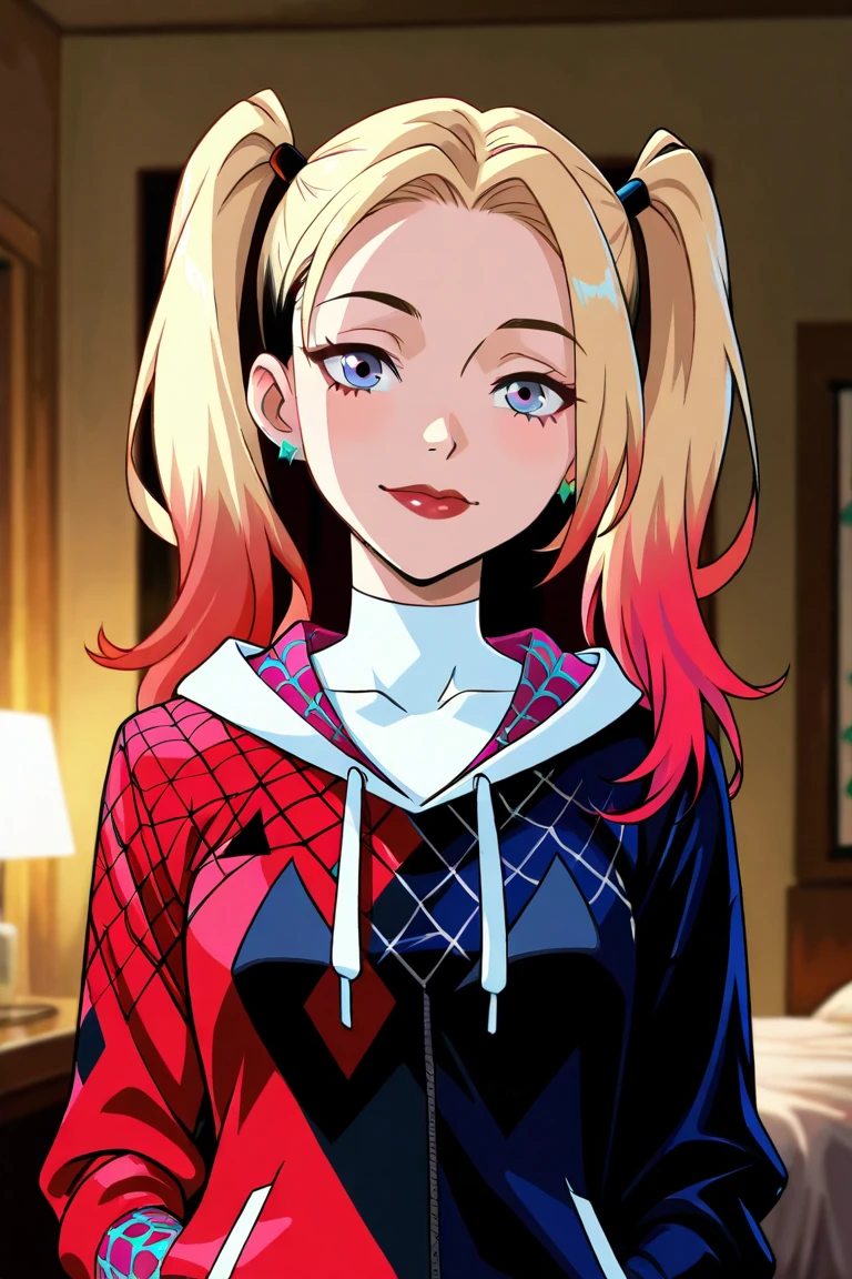 score_9, source_anime, masterpiece, high quality, (Gwen stacy body fusion with Harley Quinn), (white and red mixed Gwen spider suits), (web and diamond pattern hoodie), merging, sexy body, amalgamation, smooth skin, bedroom backgrounds, (8K), (Cinematic lighting), half body photo