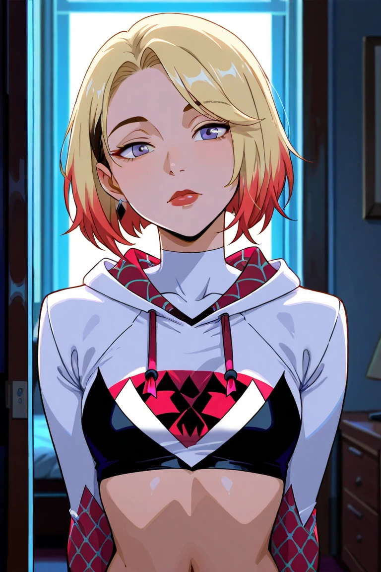 score_9, source_anime, masterpiece, high quality, (Gwen stacy body fusion with Harley Quinn), (white and red mixed Gwen spider suits), (web and diamond pattern hoodie), merging, sexy body, amalgamation, smooth skin, bedroom backgrounds, (8K), (Cinematic lighting), half body photo