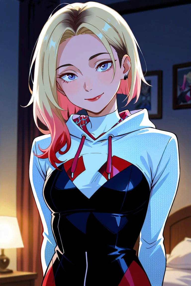 score_9, source_anime, masterpiece, high quality, (Gwen stacy body fusion with Harley Quinn), (white and red mixed Gwen spider suits), (web and diamond pattern hoodie), merging, sexy body, amalgamation, smooth skin, bedroom backgrounds, (8K), (Cinematic lighting), half body photo