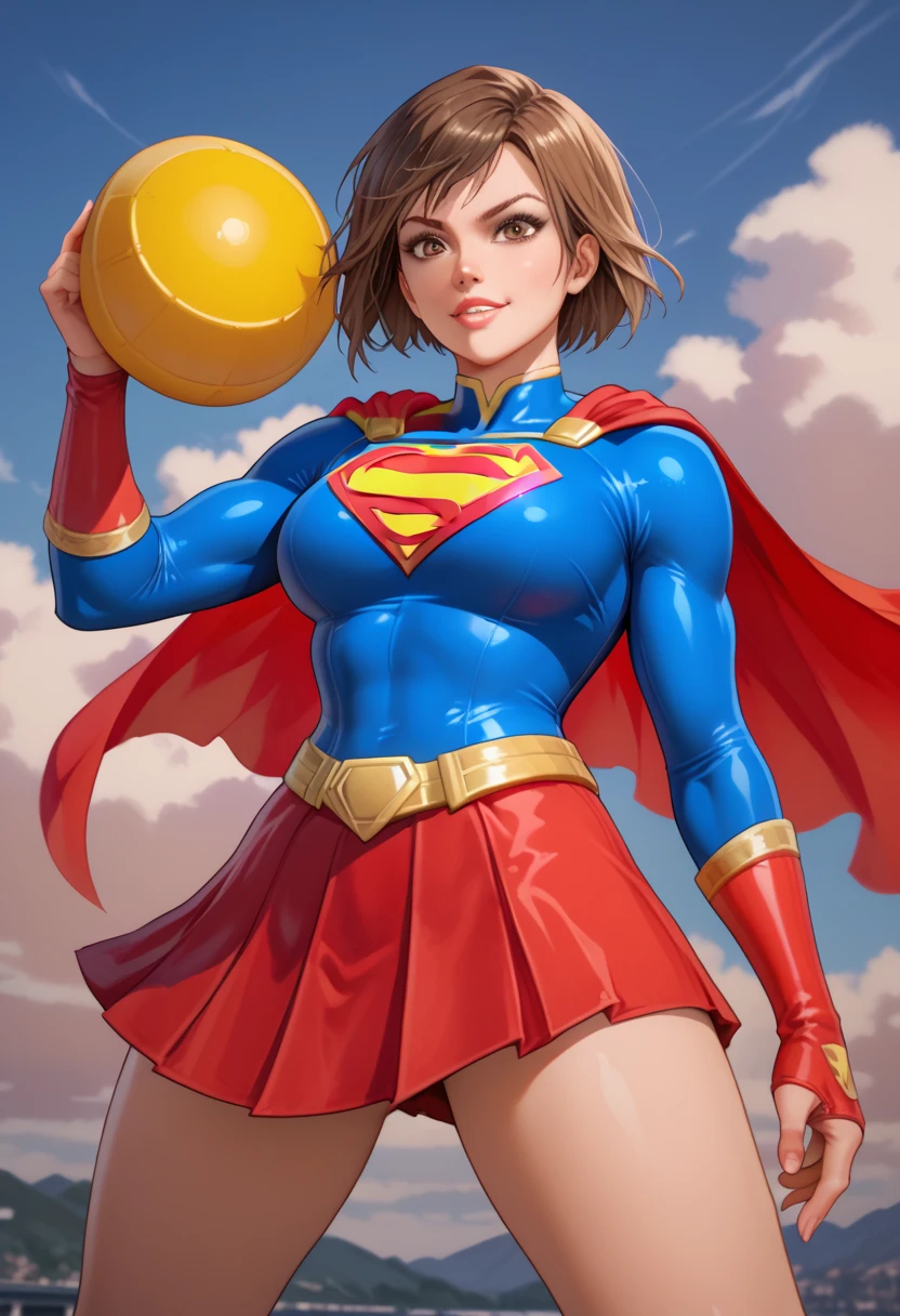 Asuka Kazama, known for her fierce fighting spirit and distinctive short brown hair, exudes a new level of confidence in the iconic Supergirl costume. The costume features a bold blue top with the striking red and yellow 'S' shield prominently displayed on her chest, symbolizing her strength and heroism. A vibrant red cape flows behind her, adding a dynamic flair to her already powerful presence. The ensemble is completed with a red skirt and matching knee-high red boots, which enhance her athletic and battle-ready look. Asuka's determined expression and strong stance are perfectly complemented by the Supergirl outfit, blending her martial prowess with the superheroine's charm and courage.,kazama asuka,short hair, brown eyes