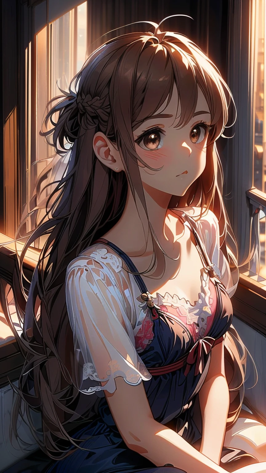 (masterpiece:1.3, top-quality, ultra high res, ultra detailed), (realistic, photorealistic:1.4), beautiful illustration, perfect lighting, natural lighting, depth of fields, 
beautiful detailed hair, beautiful detailed face, beautiful detailed eyes, beautiful clavicle, beautiful body, beautiful chest, beautiful thigh, beautiful legs, beautiful fingers, shiny skin, 
Point of view,1 girl, Asuna, SAO, (perfect anatomy, anatomically correct, super detailed skin), cute and symmetrical face, perfect face, perfect eyes, tiny, 
(long hair, straight hair, navy hair), brown eyes, drooping eyes, big eyes, long eyelashes, (small breasts, slim thighs), black colour floral sundress, pink colour bra under dress,
((detailed cloth texture), (balcony:1.2), on her knees, (busy street under balcony), (looking up at camera,  shot from top angle),
