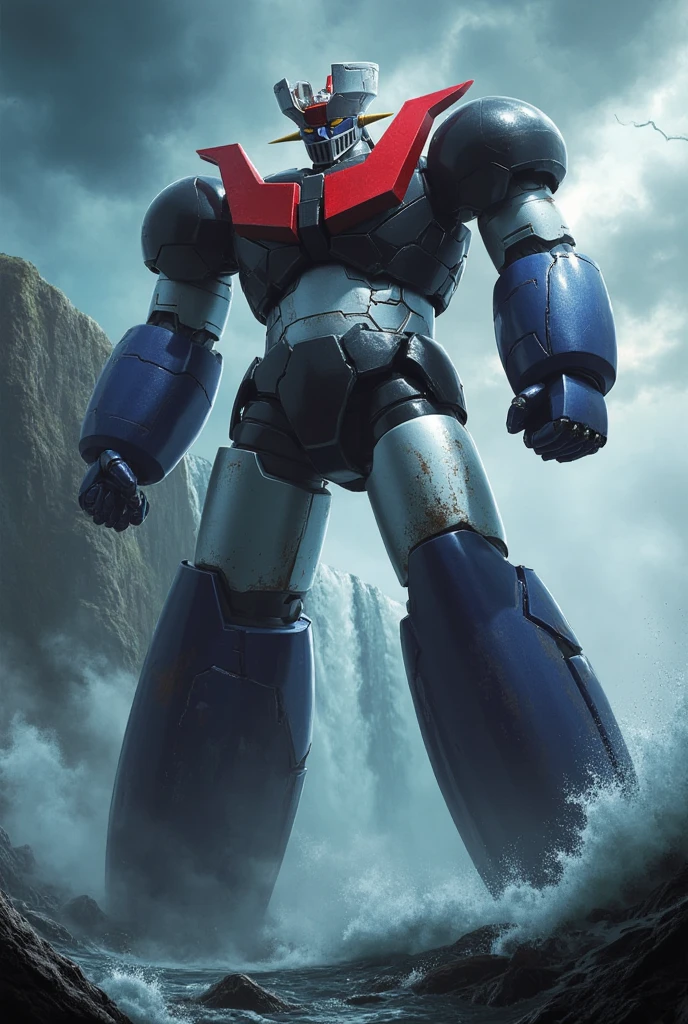  a very realistic version of the modified Mazinger Z,  is 100 meters tall and in a battle pose leaning forward　Attack from Niagara Falls　Bad weather being remodeled to Great Mazinger　storm　thunder　blast