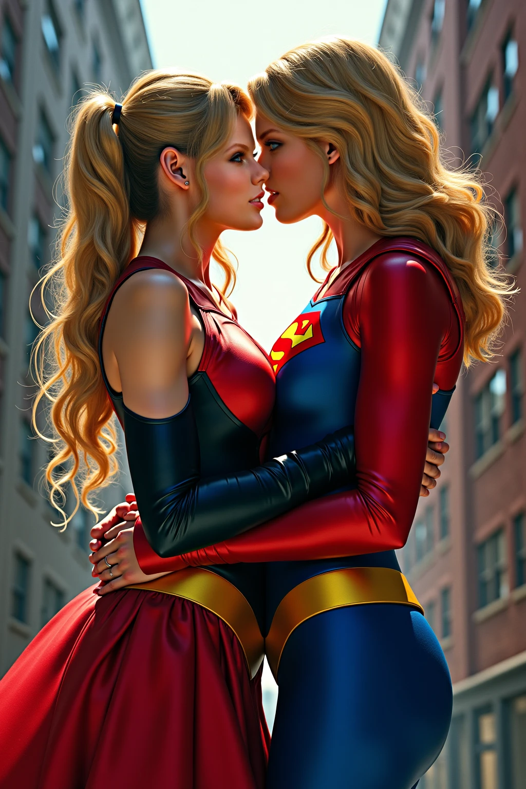 2 SUPERGIRLS HAVING HOT PASSIONATE SEX. WEARING IDENTICAL SUPERGIRL OSTUMES AND CAPES.