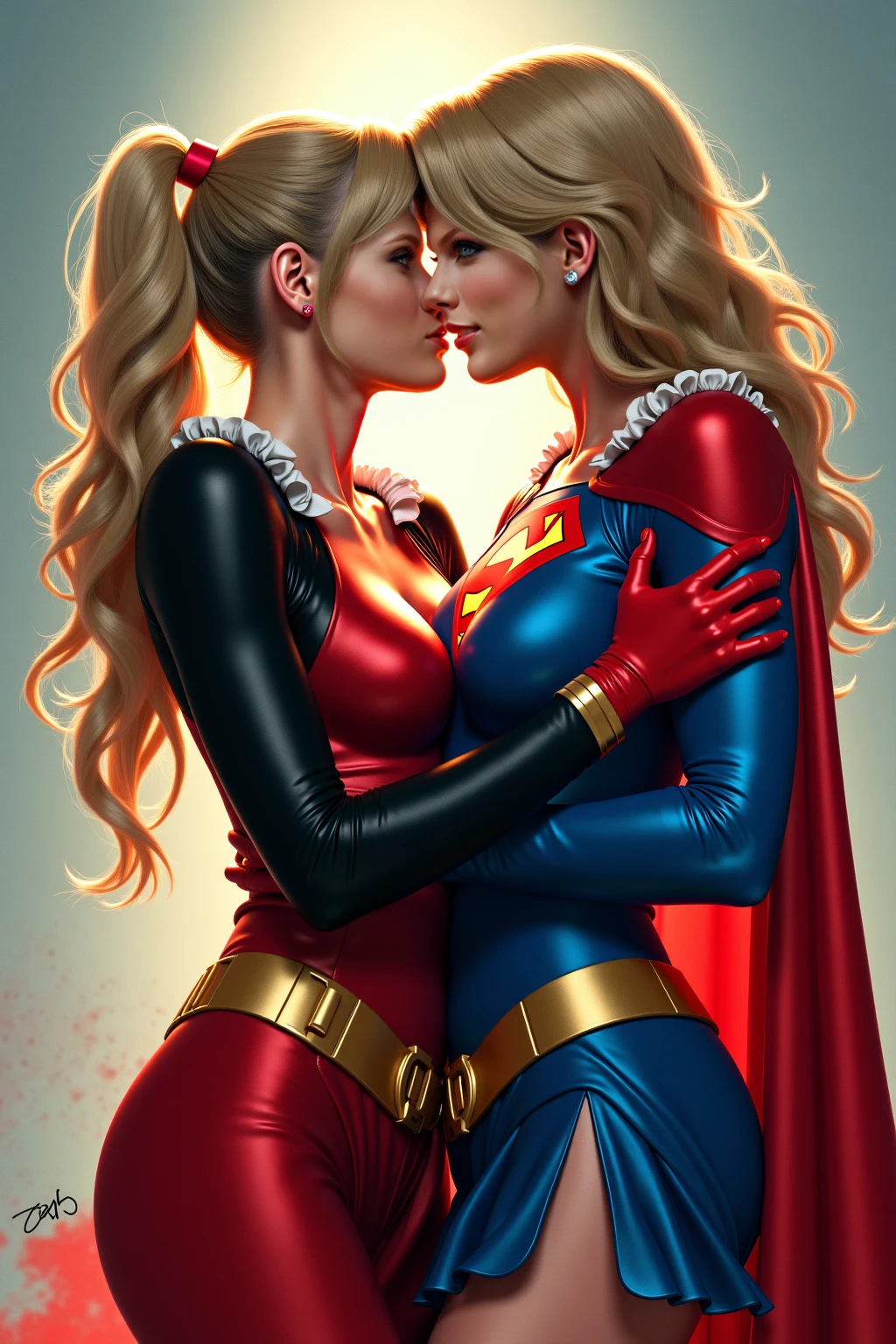 A stunning portrait of Captain Marvel and Supergirl touching each others breasts, kissing, French kissing, tongues touching, they are kissing, young and beautiful, hyper realistic, real portrait, backlit, exquisite features, cleavage, ecstasy, super girl:1.3