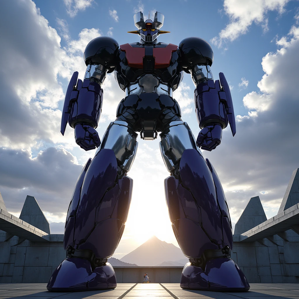  giant metal mecha Mazinger Z　 Photon Force Laboratory 　 very realistic version of the modified Mazinger Z ,  A great and beautiful 100-meter giant Mazinger Z is standing in a combat position.　thunder　Realistic depiction　front focus　８k　 Super realism　,Steel body  , Cumulonimbus clouds and a shining sun rise from Mt. Fuji 　Armor shines 