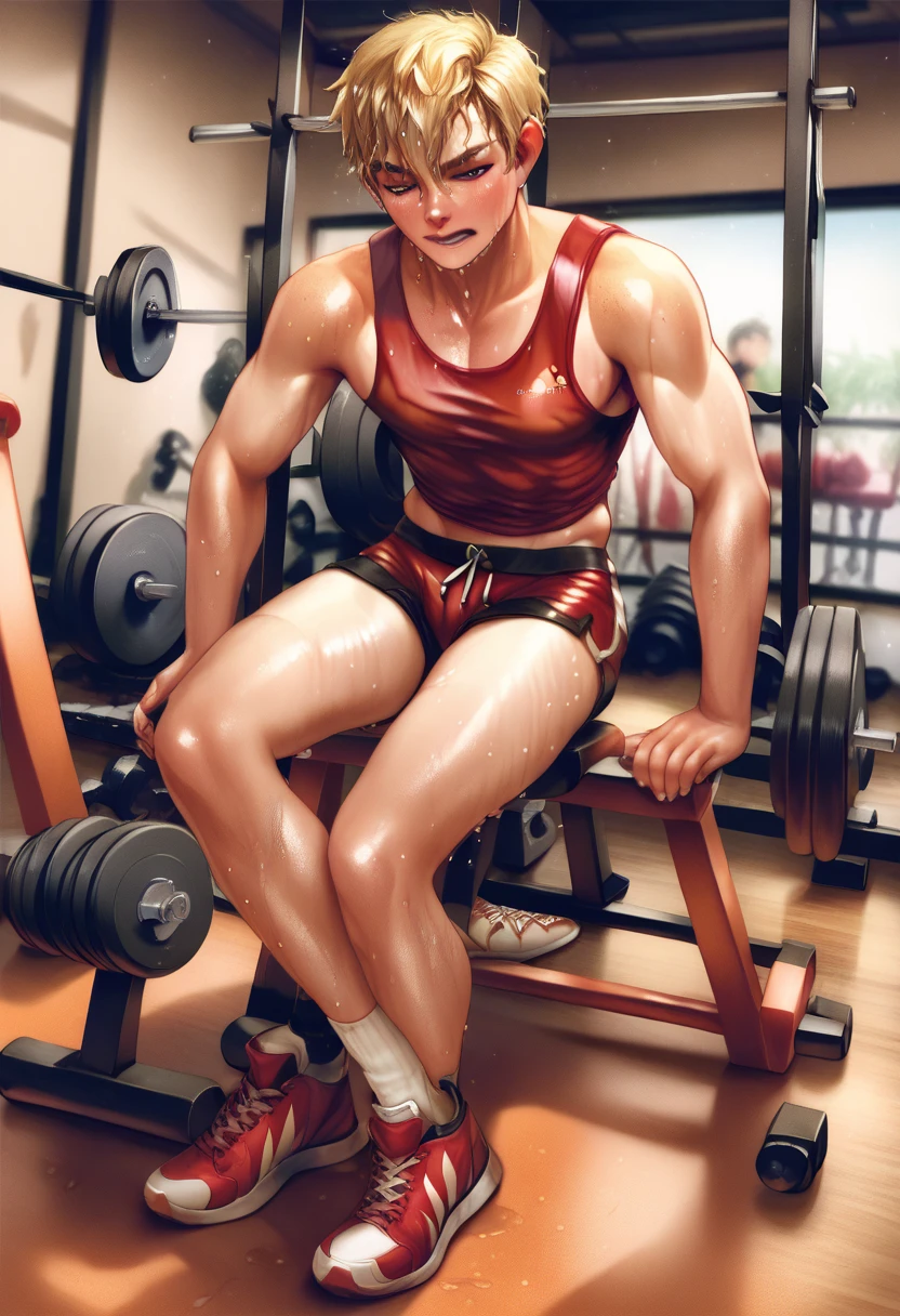 In the iconic art style of henry scott tuke, a hyperrealistic, meticulous illustration of a young, slim, and muscular blond boy with a strong display of leadership body language and perfectly detailed anatomy. He's illuminated by the warming sun, standing barefoot in the center of the gym , many young handsome men are looking at him. The blong boy , with strong muscular legs, a peaceful gaze, and a subtly hidden smile, hints at his athleticism, wearing a swimmer's