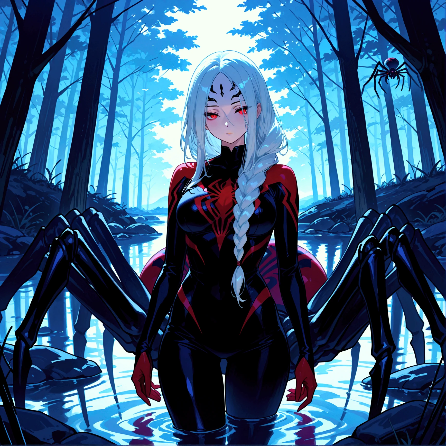 girl, beautiful, symbiote, scared, black slime, octane render, bioluminescent,8K resolution concept art, realism,by Mappa studios,masterpiece,best quality,official art,illustration,ligne claire,(cool_color),perfect composition,absurdres, tall body, sexy pose, medium breast, white hair, glowing red eyes, spider man symbiote suit,close shot, girl focus, full body