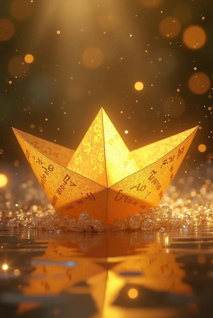  A golden translucent paper boat with inscriptions. There are golden sparkles all around ,  a boat floating in the air 