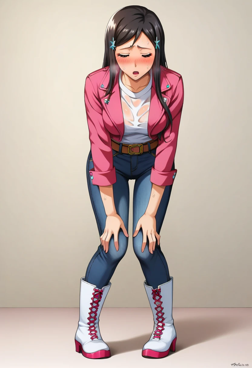 sfw, erotic, ultra detailed,beautiful face,detailed background,detailed face,4k,HD,8k,highres,antialiasing,detailed,texture BREAK orihime,1girl,solo, (thicc body), ((see through clothes)), (wet clothes), long hair, ((bluish white shirt)), tight pants, beautiful ass, jean pants, (((black blue jeans))), (beautiful white boots), ((boots)), ((leather jacket)), long sleeves jacket, ((pink leather jacket,)) open leather jacket, belt on waist, (belt), cute belt, light brown belt, belt at waist, black hair,grey eyes,hairclip,t-shirt,inoue orihime, wide hips, white skin, (full body shot), (((front view))), , room,room background, (standing up), (bending forward), (((hands touching knees))), exhausted, heavy breathing, moaning, aroused, blushing, worried expression, (eyes closed), mouth open, in peril, wet, sweating