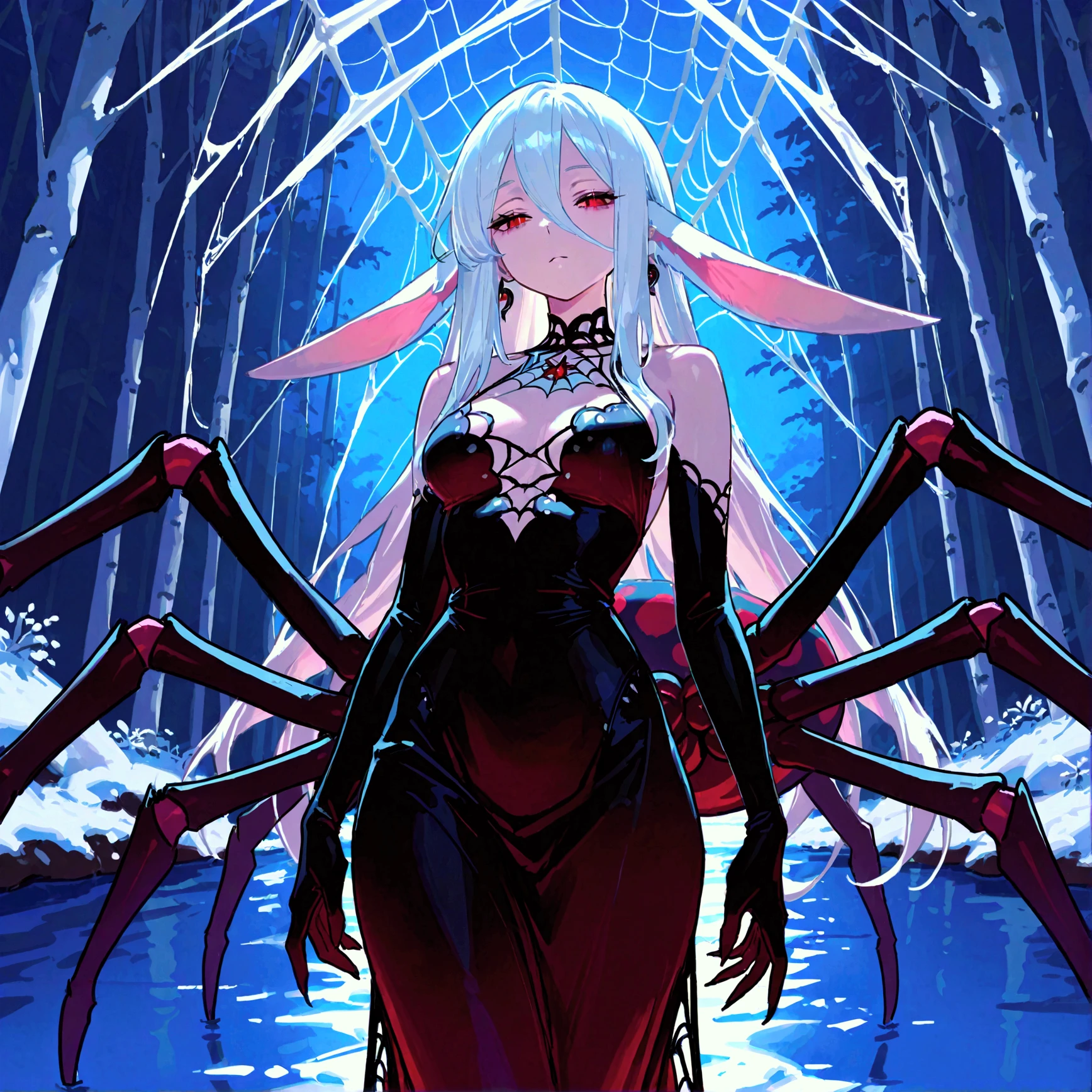 girl captured in the spider web,realistic, 1girl, holographic hair, heterochromic eyes, glowing eyes, holo crop top, holo skirt, parted lips, blush, night, white roses, pastel tetradic colors, glitter, spider,spider web