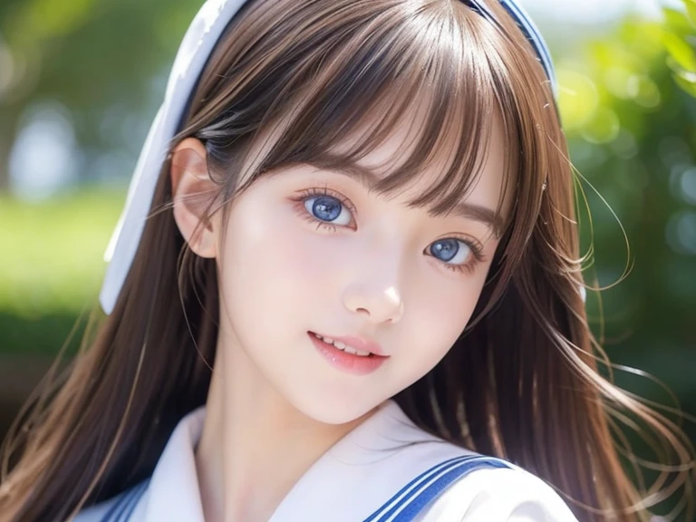 detailed face, cute face, Unparalleled beauty, Shiny、Tightened、Glowing Skin, Bangs between the eyes, Shiny真っ直ぐな美しいプラチナブロンド, Super long straight silky hair, eyeliner, Sexy, beautiful and pure 14 year old, High resolution big beautiful bright blue eyes, beautiful and adorable girl, Baby Face, Short sleeve shirt