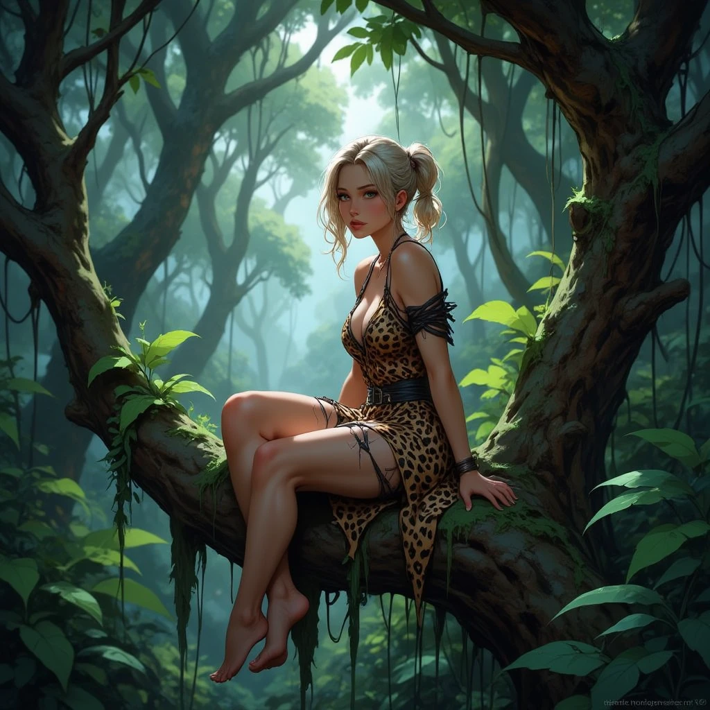 beautiful young  woman with blond short hair, pigtails, wearing a  short leopard skin dress, clothes torn, sitting in a tree in a misty jungle