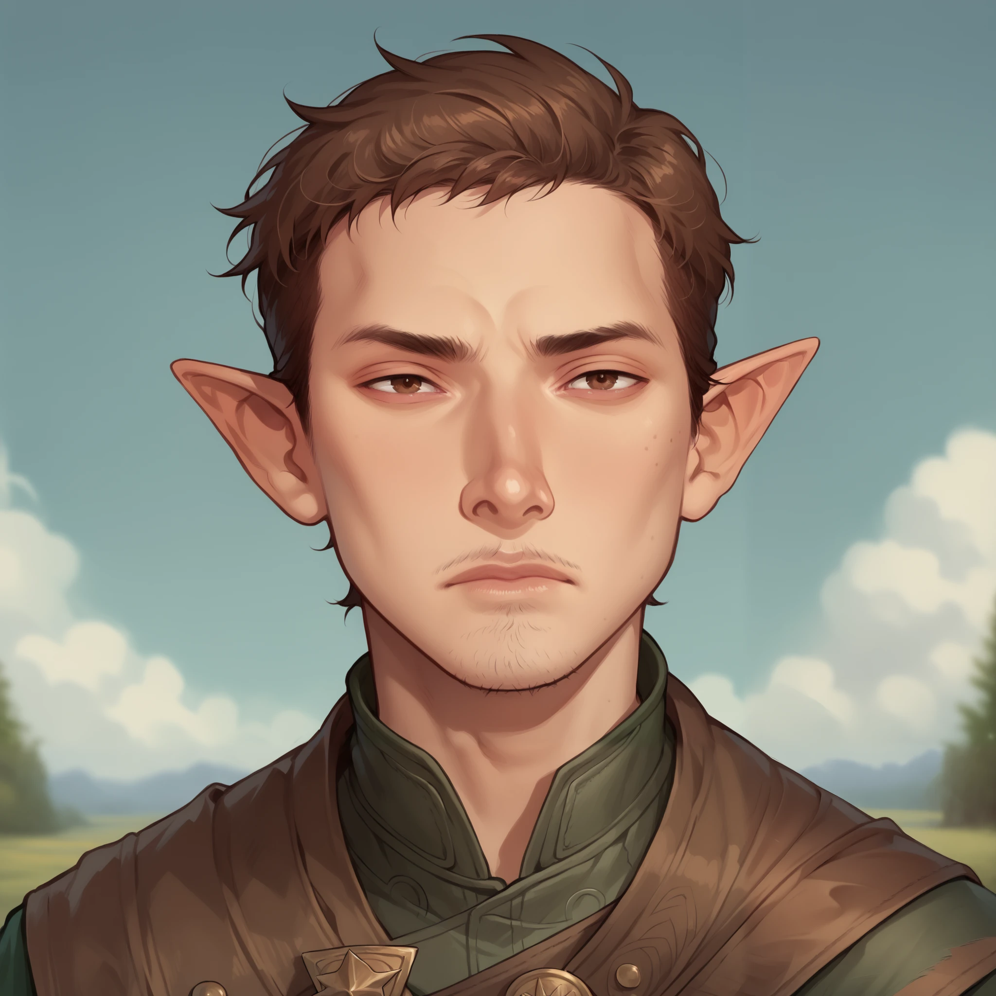 (((beautiful, high quality, comics style, detailed face))), score_9, score_8_up, score_7_up, BREAK, human, bust shoot view, solo, 1man, half-elf, brown hair, young, wide neck, short pointed ears, warrior, stubble, upper body, happyness expression, tundra background, fantasy outside, blurred background, Expressiveh, DeepNegative_xl_v1, detailxl, zPDXL2