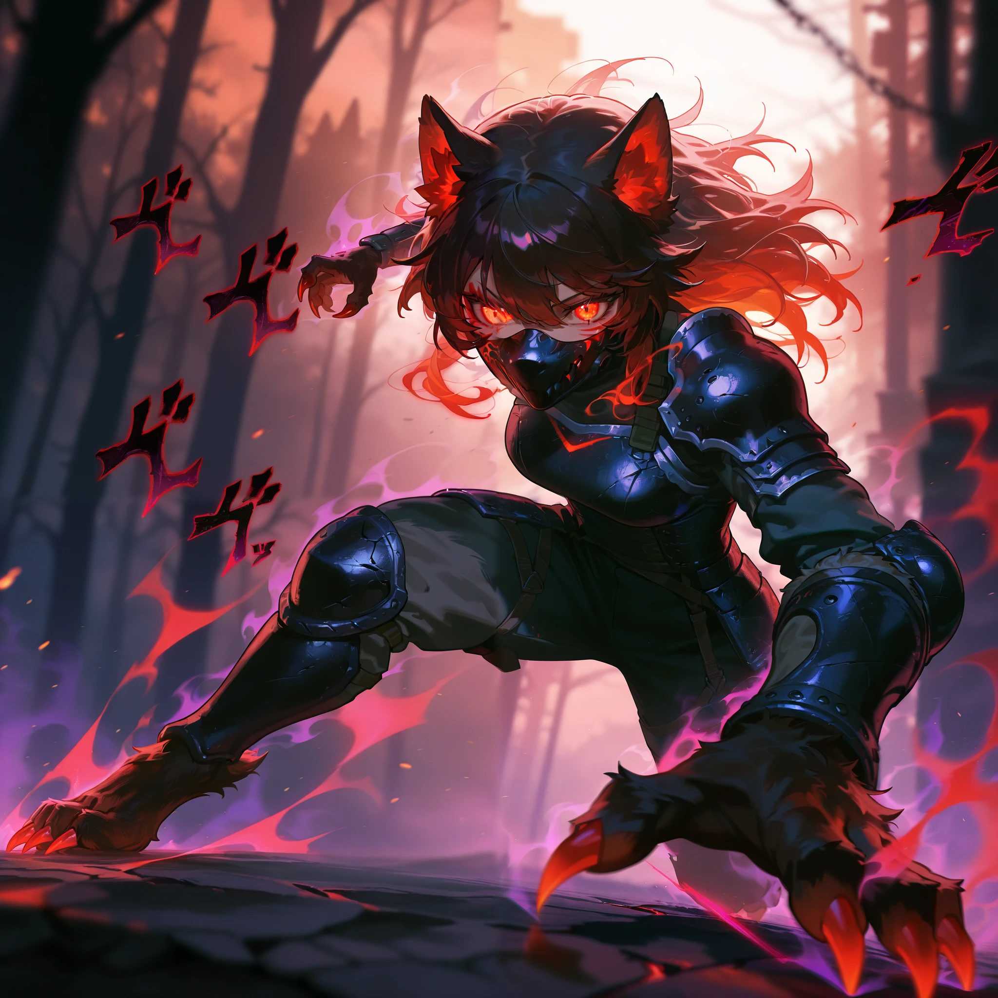 girl, werewolf monster girl, evil look, sexi, claws, demonic armor, facepaint, bodypaint, red glowing eyes, combat stance, dark aura, menacing, psychotic, highly detailed, vibrant appearance, creative behavior, imaginative, sensual, spontaneous, highest quality, skin texture, intricate details, (cinematic lighting), RAW photo, 8k, masterpiece,best quality,ultra-detailed,very detailed illustrations,extremely detailed,intricate details,highres,super complex details,extremely detailed 8k cg wallpaper,
