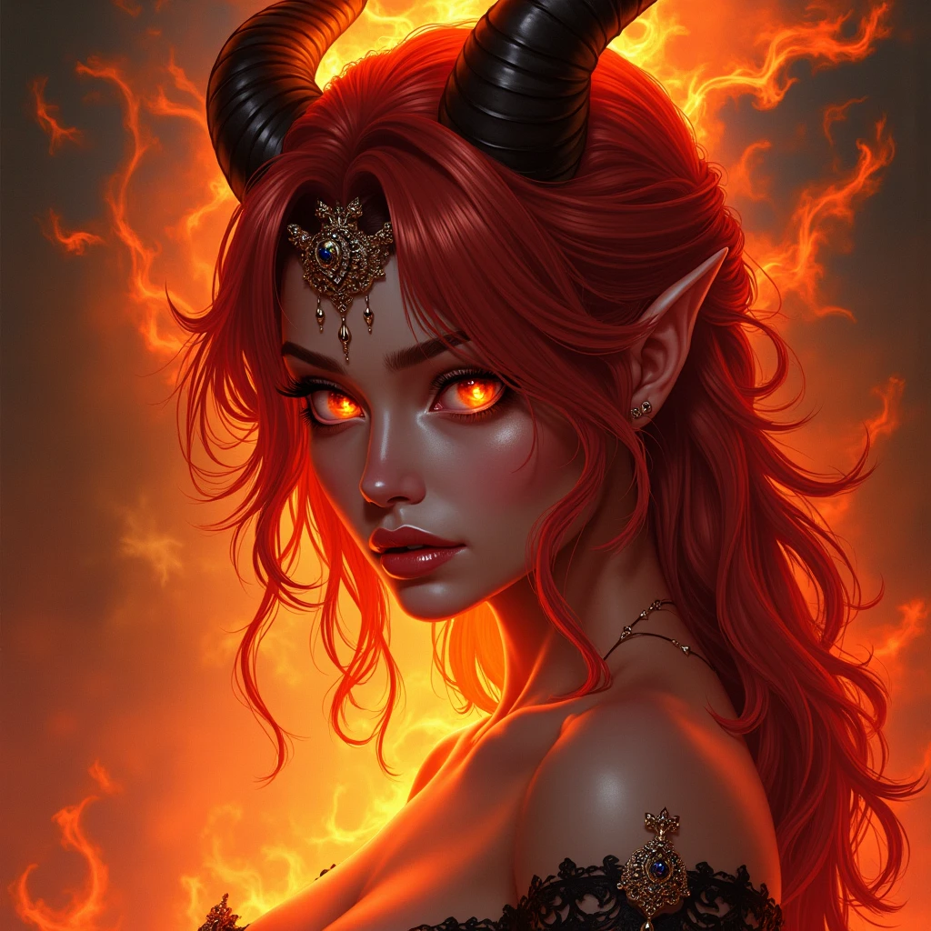 Une femme démon rouge sexy avec un diadème et les yeux brillants. Il y a de la fumée et des flammes rouge. Elle est énervée