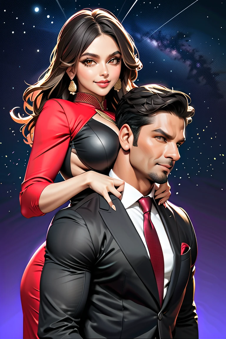 Score_9, Score_8_up,  Best quality, High quality, Detailed, High resolution, 8k, Ultra high res, Soft saturation, Professional quality, Perfect contrast, Perfect lifting, Anatomically correct. A tall muscular man carrying renowned indian actress deepika padukone  over the shoulder (man is tall, dark hair, wearing a black vintage suit) (deepika is curvy, big ass, wearing black mini pencil skirt, red party top, backless, smiling) , over the shoulder carry, carrying person, night sky