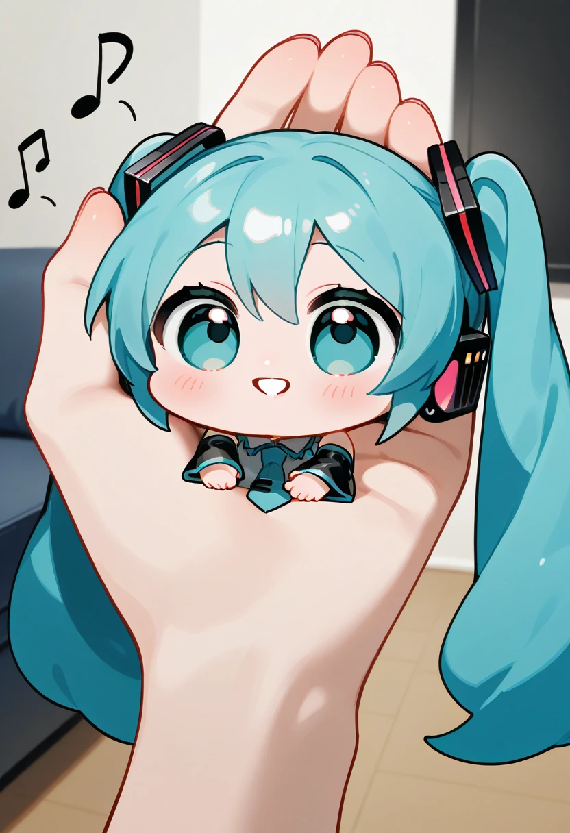  photorealistic 、Chibi Girl， Hatsune Miku ，Chibimiku，  Alone，    the girl is short  ，clothe( hzkawaiidarkgirl) style ， spread hands ，,The girl's hand is out of reach,Masterpiece,     best quality    ,    From the side   , Alone, length_hair,       _in_viewer, , parted_lips, open_ close ， Little hzkawaiidarkgirl , with a girl on the palm， living room，Girl is dancing on my hands,quarter note，Fun，smile， chibi on the face of the hand，both hands，👐， scoop up ，幾何学模様のpopな背景，pop