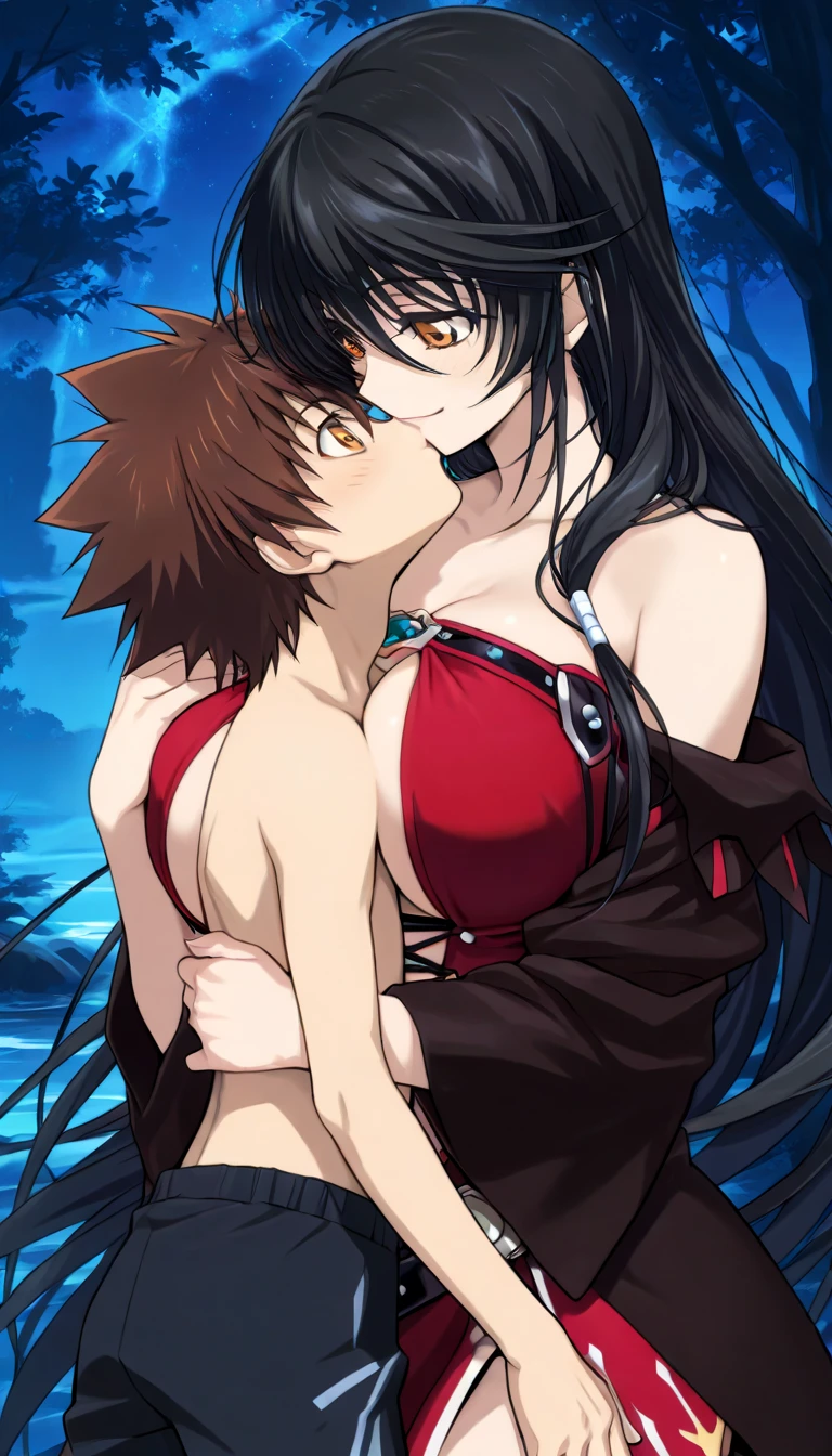 masterpiece,top-quality,source_anime,best quality, clear face,Velvet Crowe,tales of verseria,1girl,solo,black hair,very long hair,gold eyes,very large breasts, perfect body,beauty,very huge breasts,narrow waist,bust size is 250cm over,sexy,seductive anime girl,One Shota,Tsunayoshi Sawada,tsuna_hyper,A boy with very messy brown hair,she has black hair,she has black hair,she has black hair,she has black hair,she has gold eyes,he has very messy brown hair,he has very messy brown hair,he has very messy brown hair,she has gold eyes,she has gold eyes,he has orange eyes,he has orange eyes,he has orange eyes,night Forest and spring,she is smiling seductively,Boy and woman are kissing,Boy and woman are hugging,swimsuit