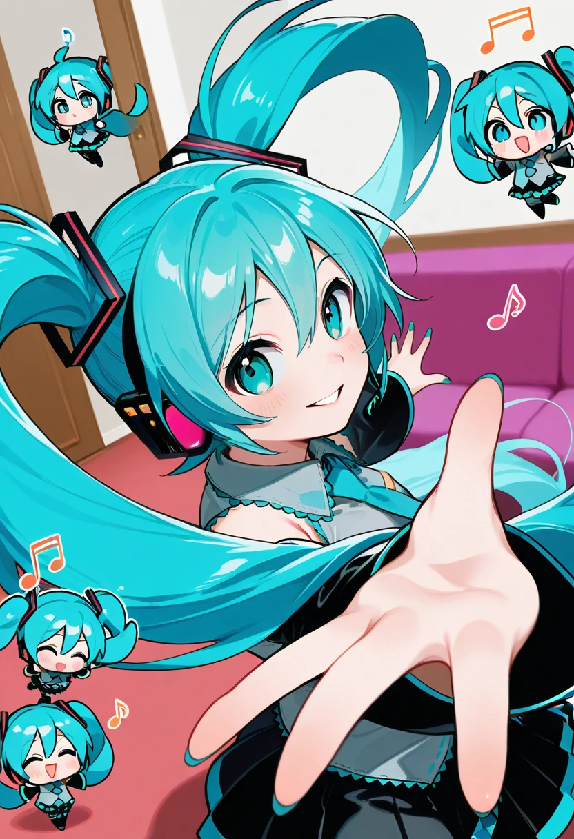  photorealistic 、Chibi Girl， Hatsune Miku ，Chibimiku，  Alone，    the girl is short  ，clothe( hzkawaiidarkgirl) style ， spread hands ，,The girl's hand is out of reach,Masterpiece,     best quality    ,    From the side   , Alone, length_hair,   dancing ,   _in_viewer, , parted_lips, open_ close ， Little hzkawaiidarkgirl , with a girl on the palm， living room，Girl is dancing on my hands,quarter note，Fun，smile， chibi on the face of the hand，both hands，👐， scoop up ，幾何学模様のpopな背景，pop， colorful ，Odrup