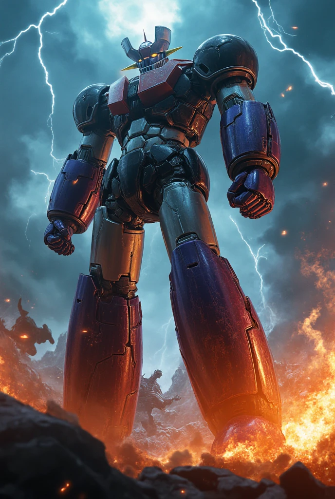  very realistic version of the modified Mazinger Z ,   the great 100-meter giant Mazinger Z is standing in a combat position. Lightning and Fire 　Realistic depiction　front focus　８k　 super realism　Godzilla and Ultraman have fallen 