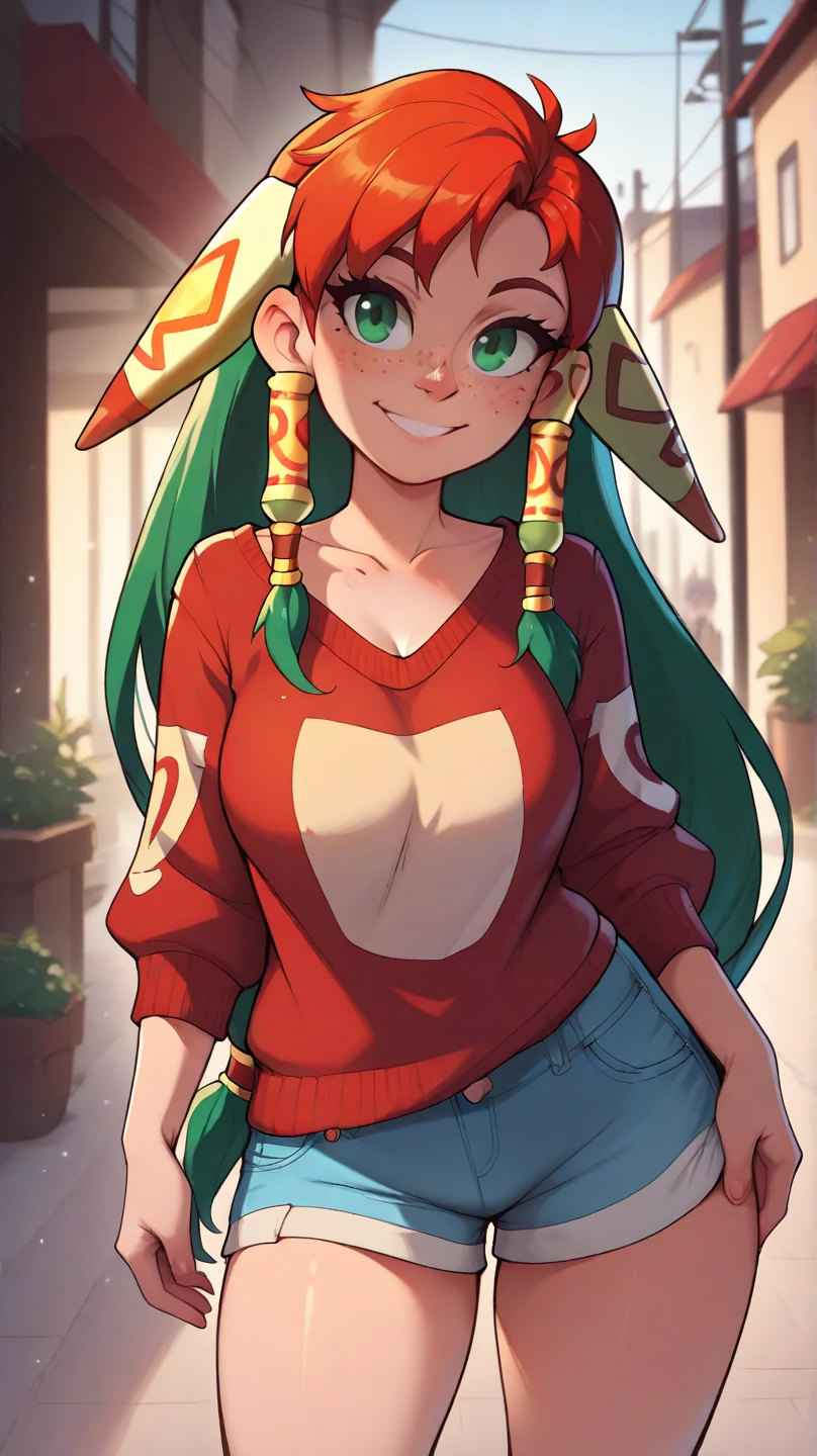 score_9, score_8, feena from grandia, , young, freckles, redhead, dreamy look, long hair, beauty, emerald eyes, smile, big_tits, masterpiece, high quality, very saggy tits, pullover, hot pants, cute face, high detail, 4k, no mistakes, unreal engine