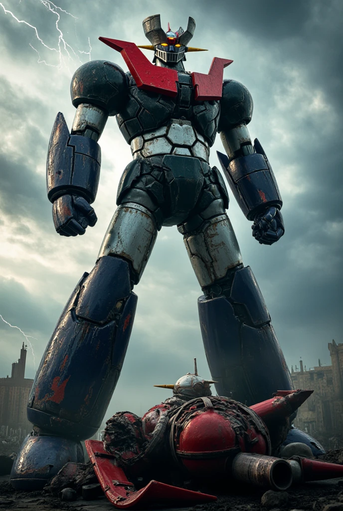  very realistic version of the modified Mazinger Z ,   The great 100-meter giant Mazinger Z is standing in a combat position. Lightning and Fire 　Realistic depiction　front focus　８k　 super realism　 The enemy robot Grendizer has fallen 　Damaged UFO 