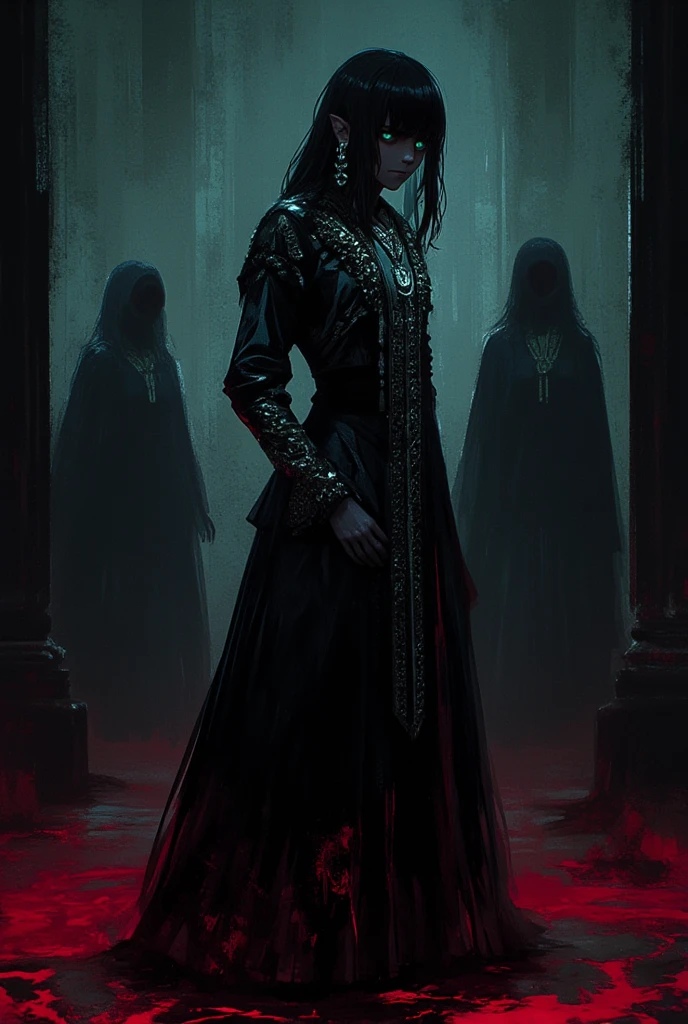 An image that looks like book cover with a guy with long black bangs and short hair, vine-colored eyes, pale skin, elegant ancient royalty clothes, castle hall dark background, dark atmosphere, background Two more people behind him in the hallway, atmosphere gloomy, somber and novel of horror and mystery. blood