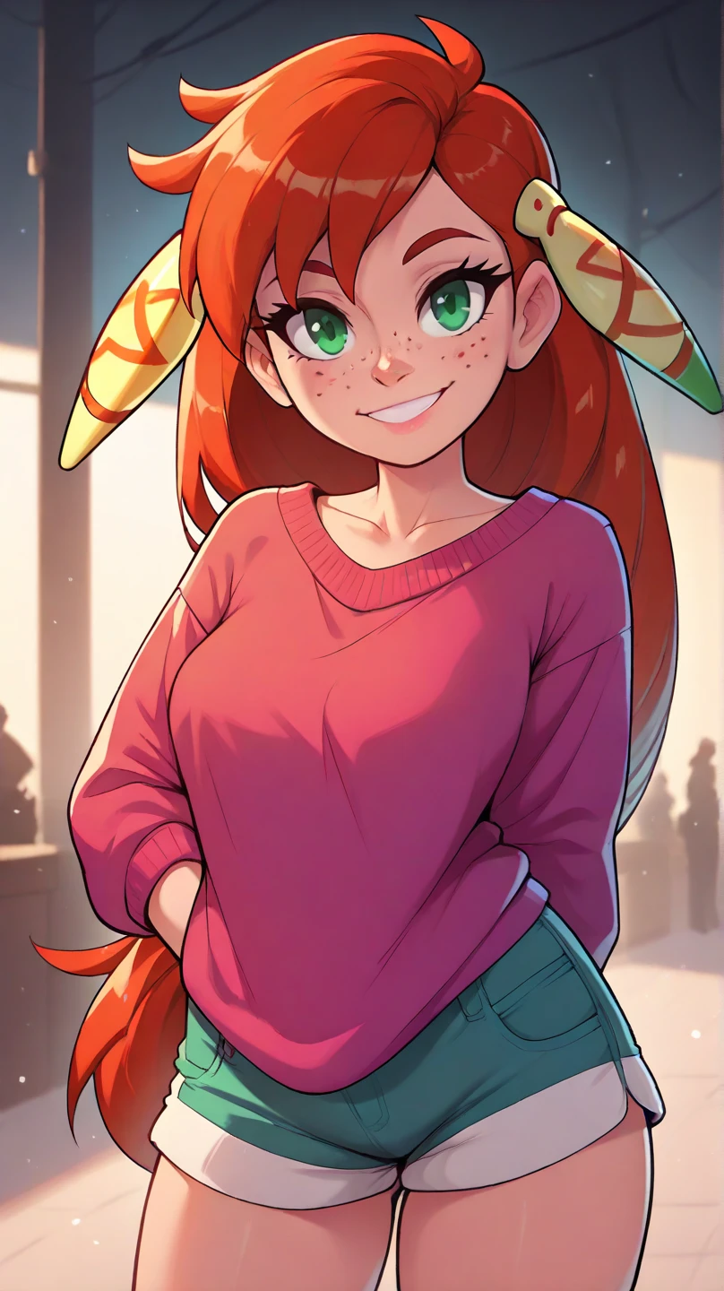 score_9, score_8, feena from grandia, teen, young, freckles, redhead, dreamy look, long hair, beauty, emerald eyes, smile, mega_giant_tits, masterpiece, high quality, very saggy tits, pullover, hot pants, cute face, high detail, 4k, no mistakes, unreal engine