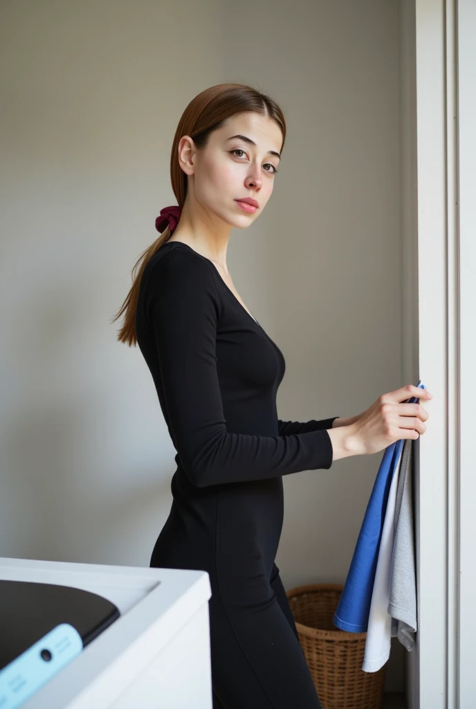 human like very realistic girl with blue eyes and brown hair doing laundry, simple black clothes
