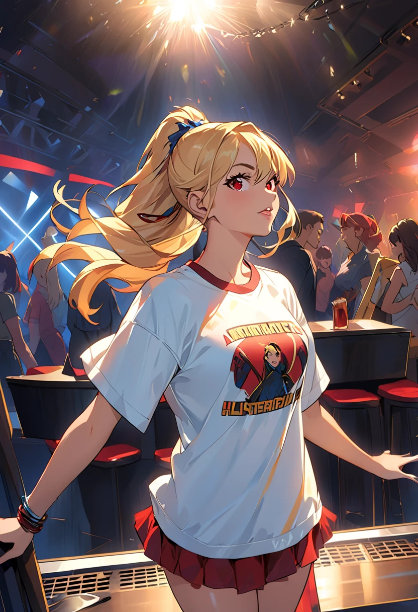 コミックブック style, Joe Madureira styleの線画,  Very Attractive Girl , woman, X-MENのTシャツを着たwoman,  American Heritage , Blonde, Sharp red eyes,  proud look with roof,  standing in a nightclub and singing, style, Nbinkupunk, Dusky Pie