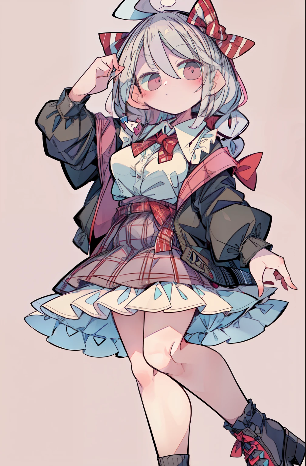 Highres 1girl ahoge bobby_pin bow bowtie braid brown_eyes collared_Shirt dojikko_Pose with frills_Shirt frilled_Shirt_collarless connection_skirt frills her_bow her_ornament herpin hand_to_own_Head, Heart, Heart_her_hooded headdress_jacket jacket ltog_her toe_eye_closed pentagram pink_her plaid plaid_checkered_pleated_skirt Shirt shoelaces shoes simple_background stand skirt solo star_(symbol) Zwilling_Braids Wariza white_background white_Thigh stockings, Full body