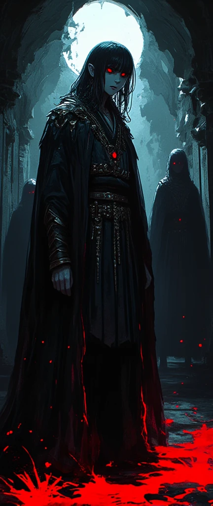 An image that looks like book cover with a guy with long black bangs and short hair, vine-colored eyes, pale skin, elegant ancient royalty clothes, castle hall dark background, dark atmosphere, background Two more people behind him in the hallway, atmosphere gloomy, somber and novel of horror and mystery. blood