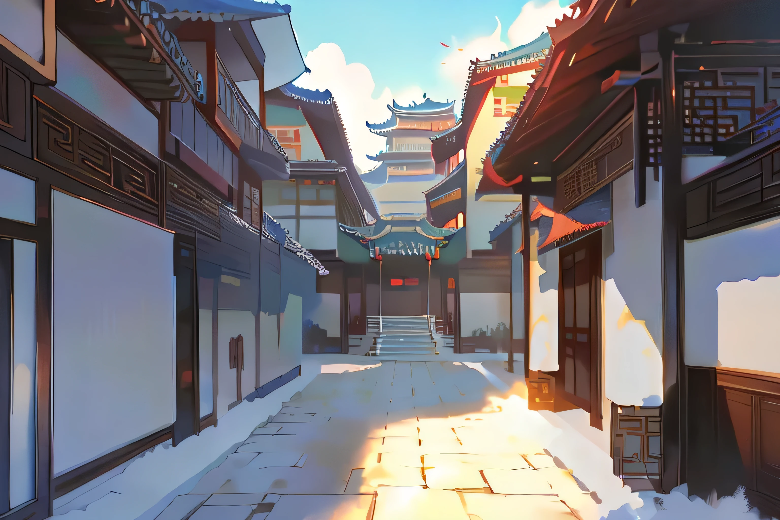 ( Chinese style), Ancient China, Dreamy Chinatown, Chinese style ancient street ,Chinese Architecture,Tile room ,Festive, daytime lively street atmosphere,illustration,daytime, sunshine,Game CG,, (illustration: 1.0), Epic composition, Real light , High-resolution details, masterpiece, best quality, ( Very detailed CG uniform 8k wallpaper)