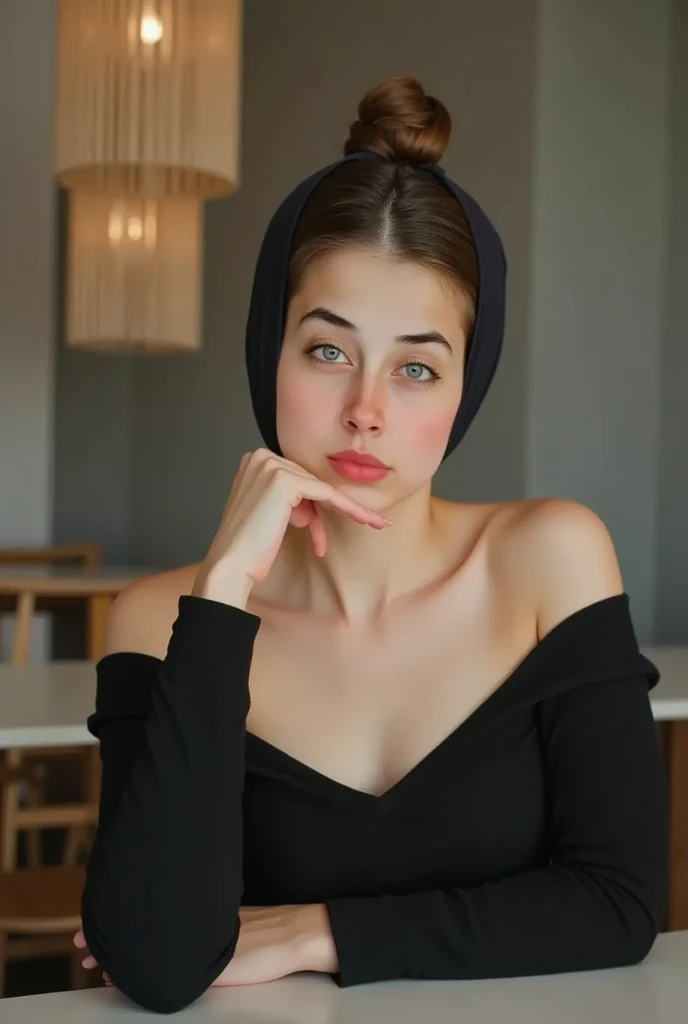 A young woman with blue eyes and dark brown hair in a loose updo, wearing an off-the-shoulder black top, sitting at a table, leaning forward, with one hand touching her chin, soft contemplative expression, dark blurred background, no makeup
