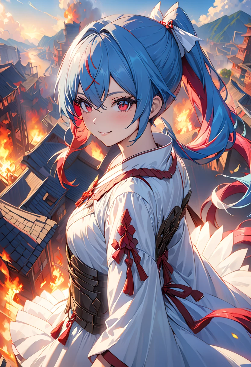  best quality , 4K, Masterpiece,  VERY DETAILED,  high detail,  1 girl, Alone, Peri, Blue Hair,  hair on one eye, Multicolored Hair,  Twin Tails,  pink hair, Red Eyes,  Bicolor Hair , armor, smile, Burning city background