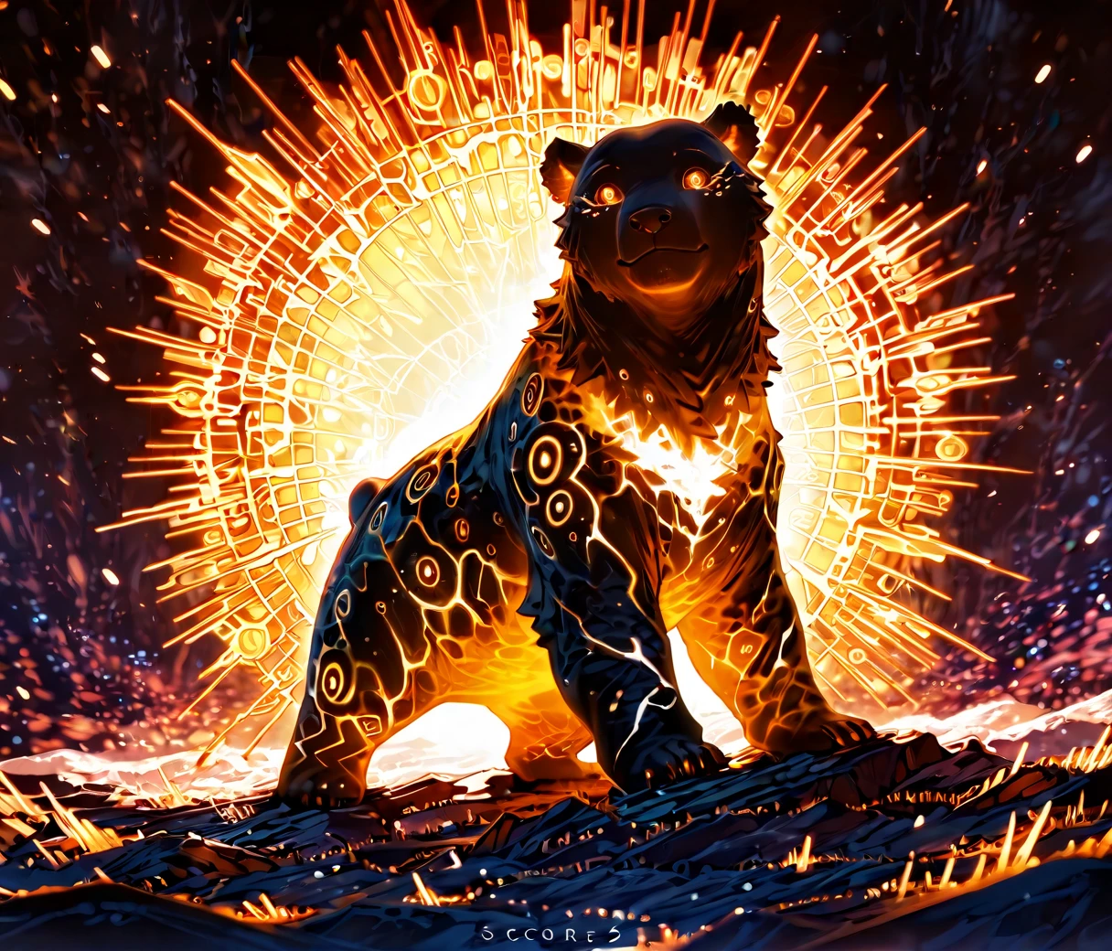 transparent cyan bear, photorealism, cinematic lighting, casting a gentle glow on its surroundings, warm light, this gives the impression of a bioluminescent creature, vibrant neon, hires textures, highly detailed, intricate details, best quality, masterpiece,