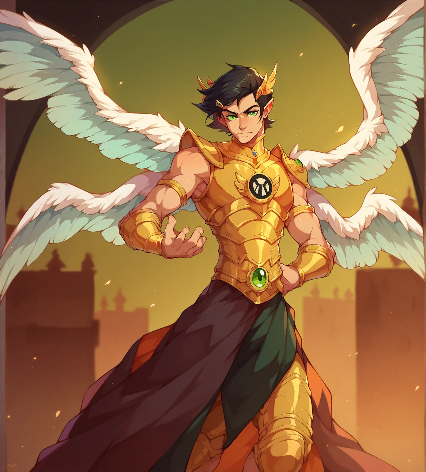 Black hair, green eyes, ben10, insignia, green eyes, armor, angels wings, 4 wings, face human