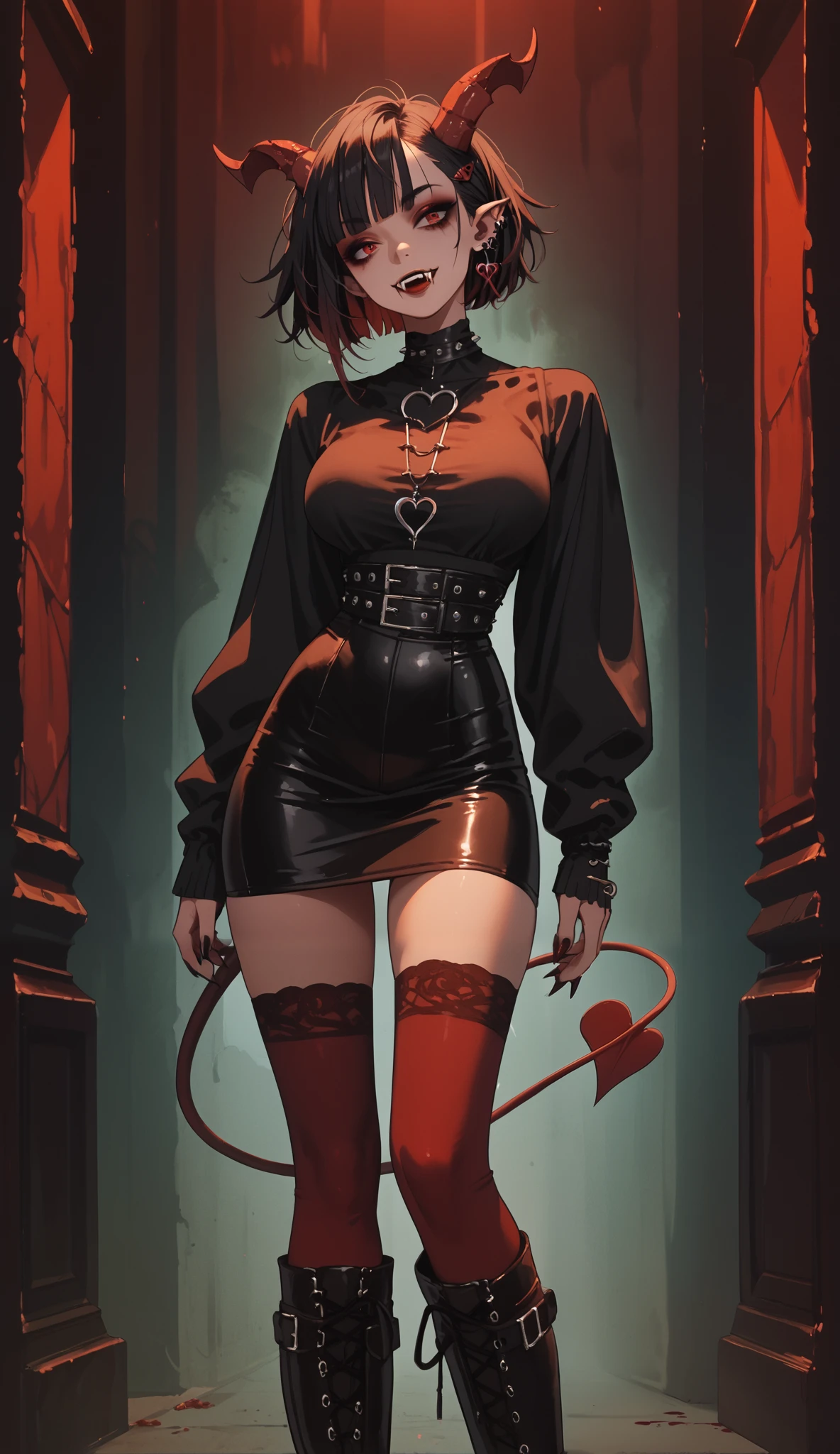 (1 girl) standing front, 1-mature woman, gothic, round breasts, slim waist, black hair with reddish streaks, messy hair, short bob-style hair, straight bangs on forehead, long side bangs, short hair extension to back, deep wine red eyes, soft makeup on the cheeks, soft gothic-style makeup on the eyes, vampire fangs, demon horns, in a tight casual blouse, sexy neckline, tight black skirt and punk boots with high heels, high stockings, demon tail, pointed ear tip with piercings